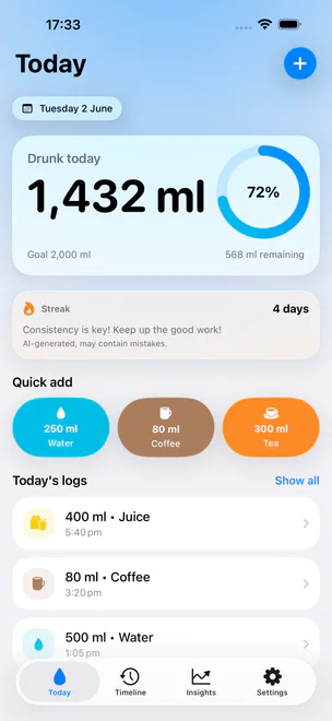 IdroFlow Today screen with quick-add hydration controls