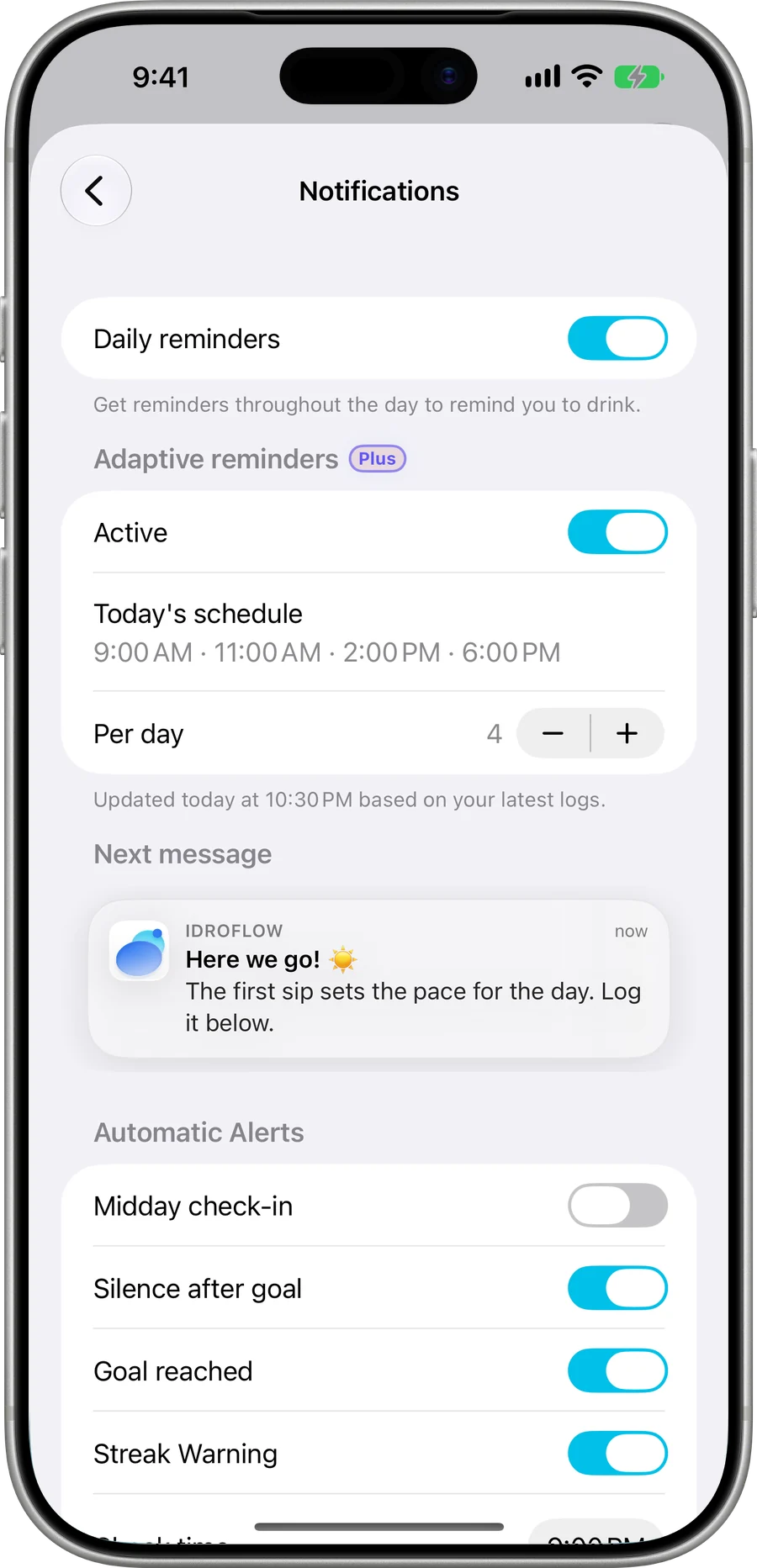 IdroFlow adaptive reminders on iPhone