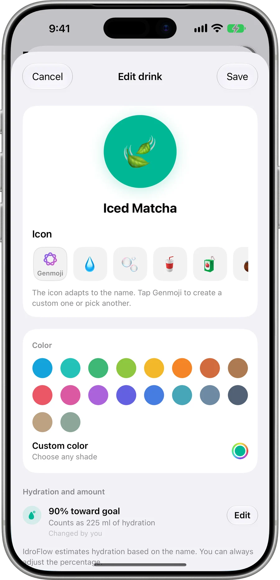 Custom drink creator with custom colours and icons