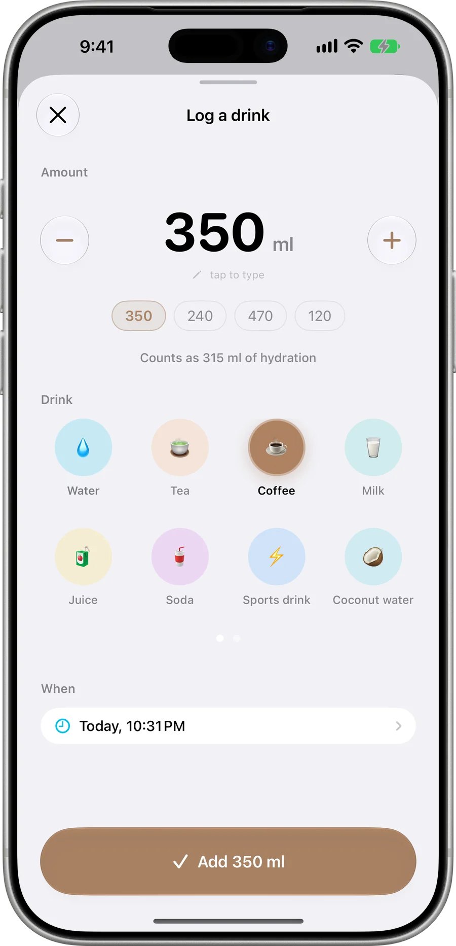 Logging drinks with net hydration calculation