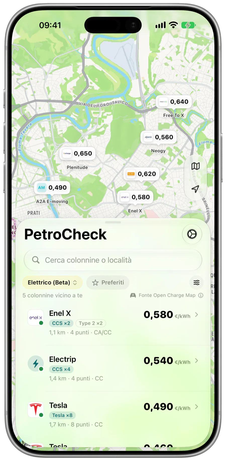 PetroCheck EV charging points on iPhone