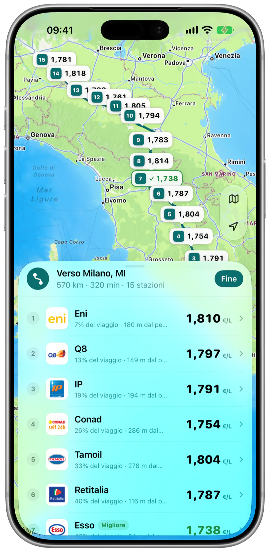 PetroCheck route comparison on iPhone